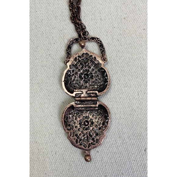 Filigree Purse Pendant necklace darkened copper finish, opens, handle moves - Picture 5 of 7